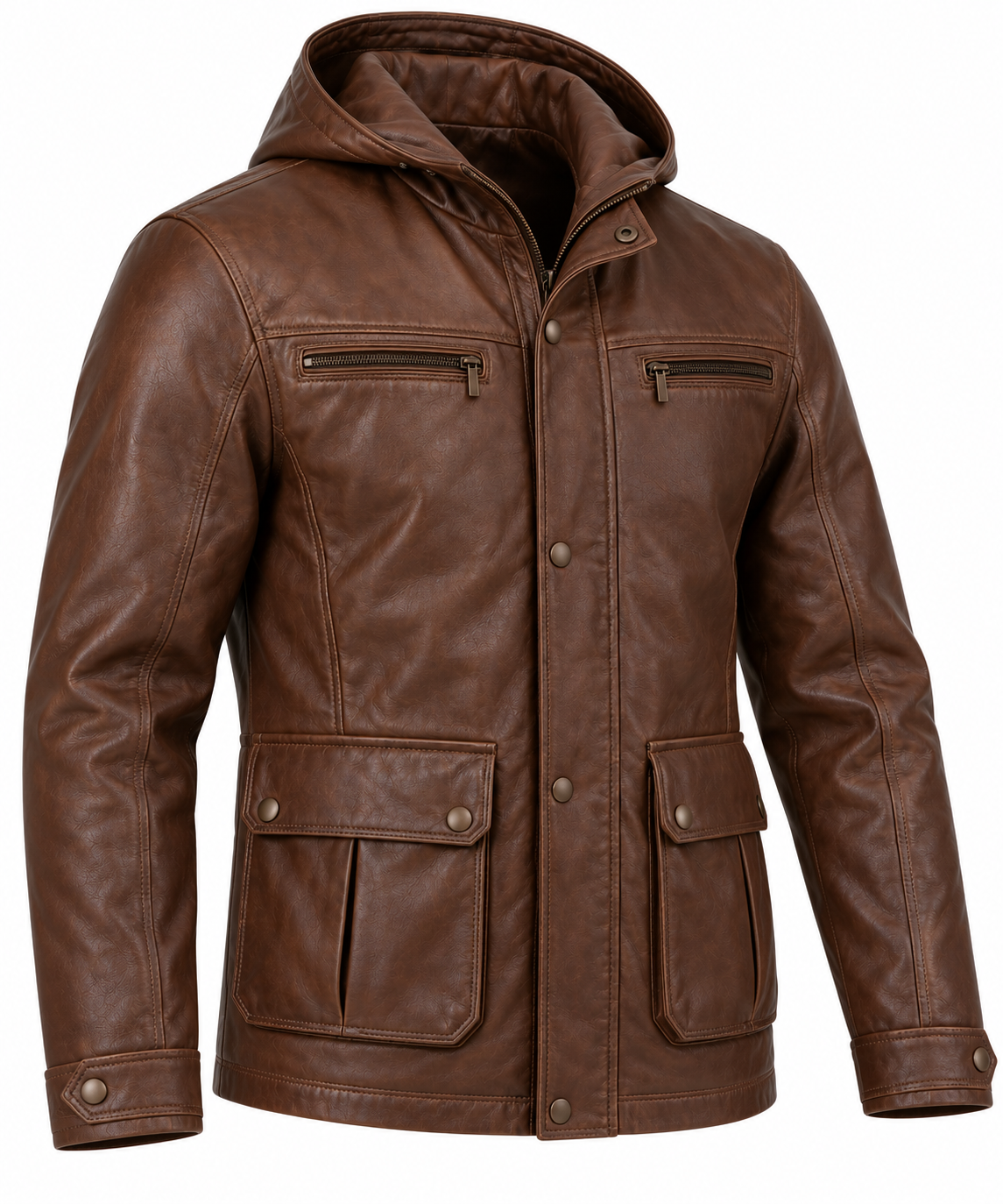 Men’s Brown Sheepskin Leather Storm-Placket Hooded Field Jacket — J037