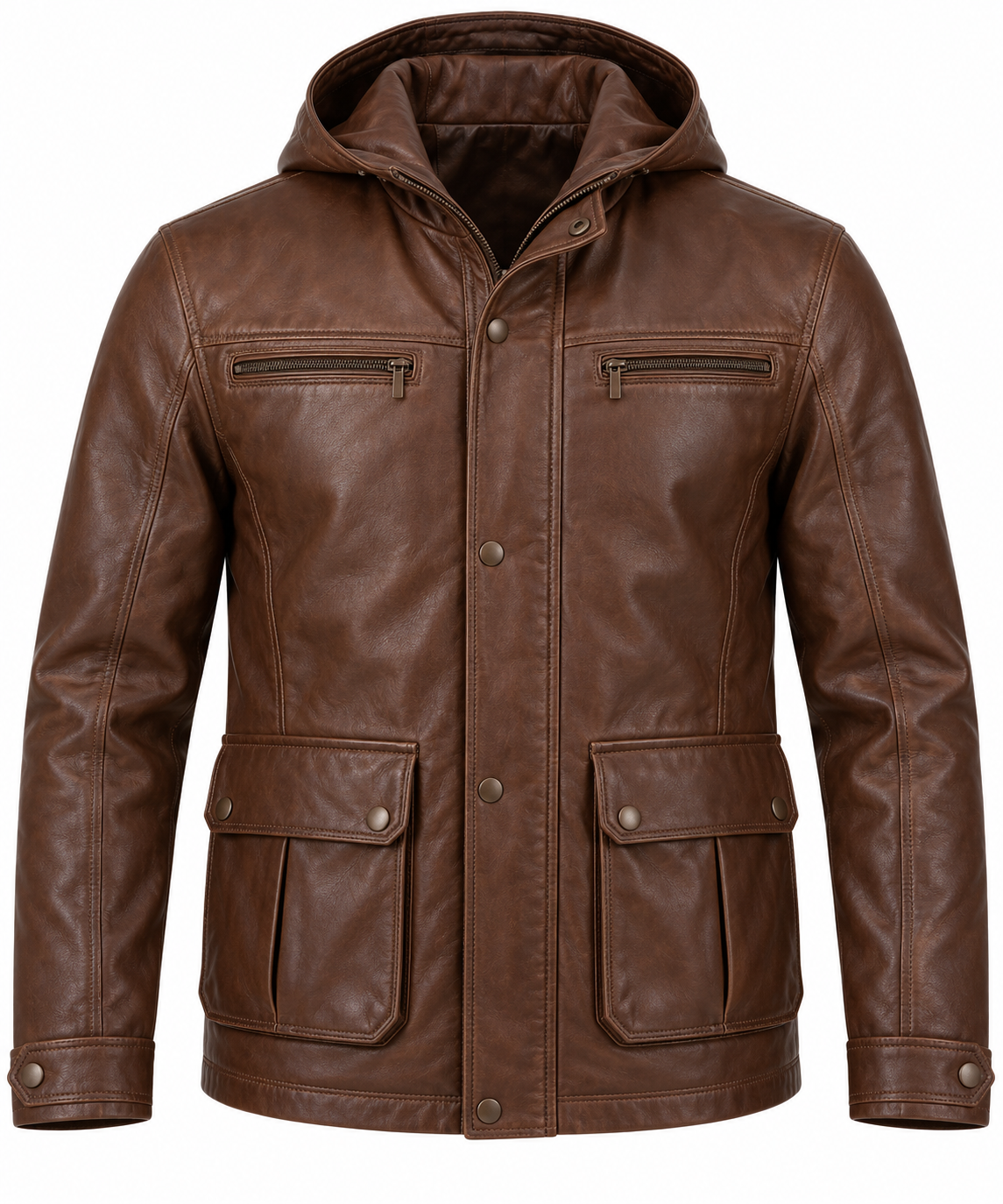 Men’s Brown Sheepskin Leather Storm-Placket Hooded Field Jacket — J037