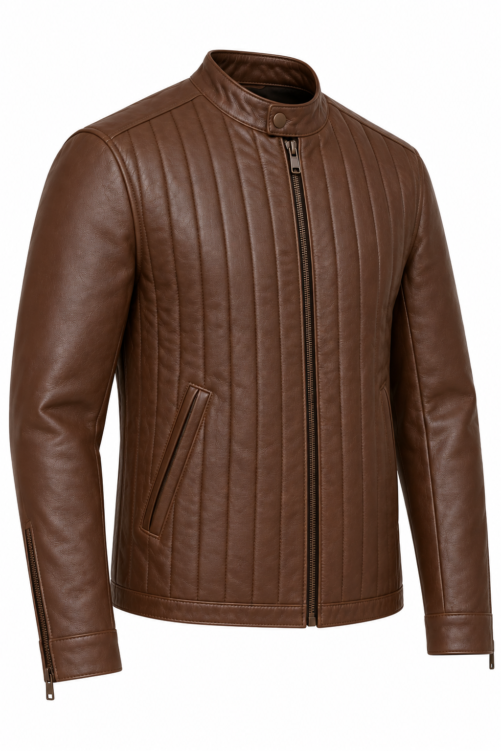Men’s Brown Sheepskin Leather Vertical-Channel Zip Jacket — J039