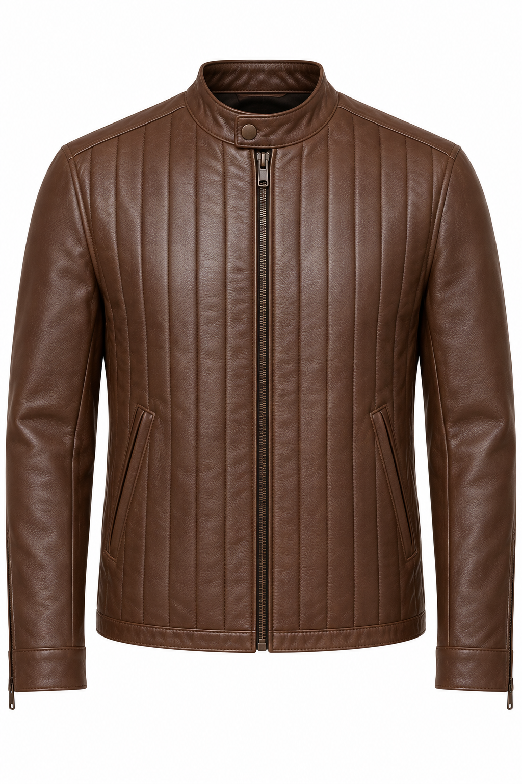 Men’s Brown Sheepskin Leather Vertical-Channel Zip Jacket — J039