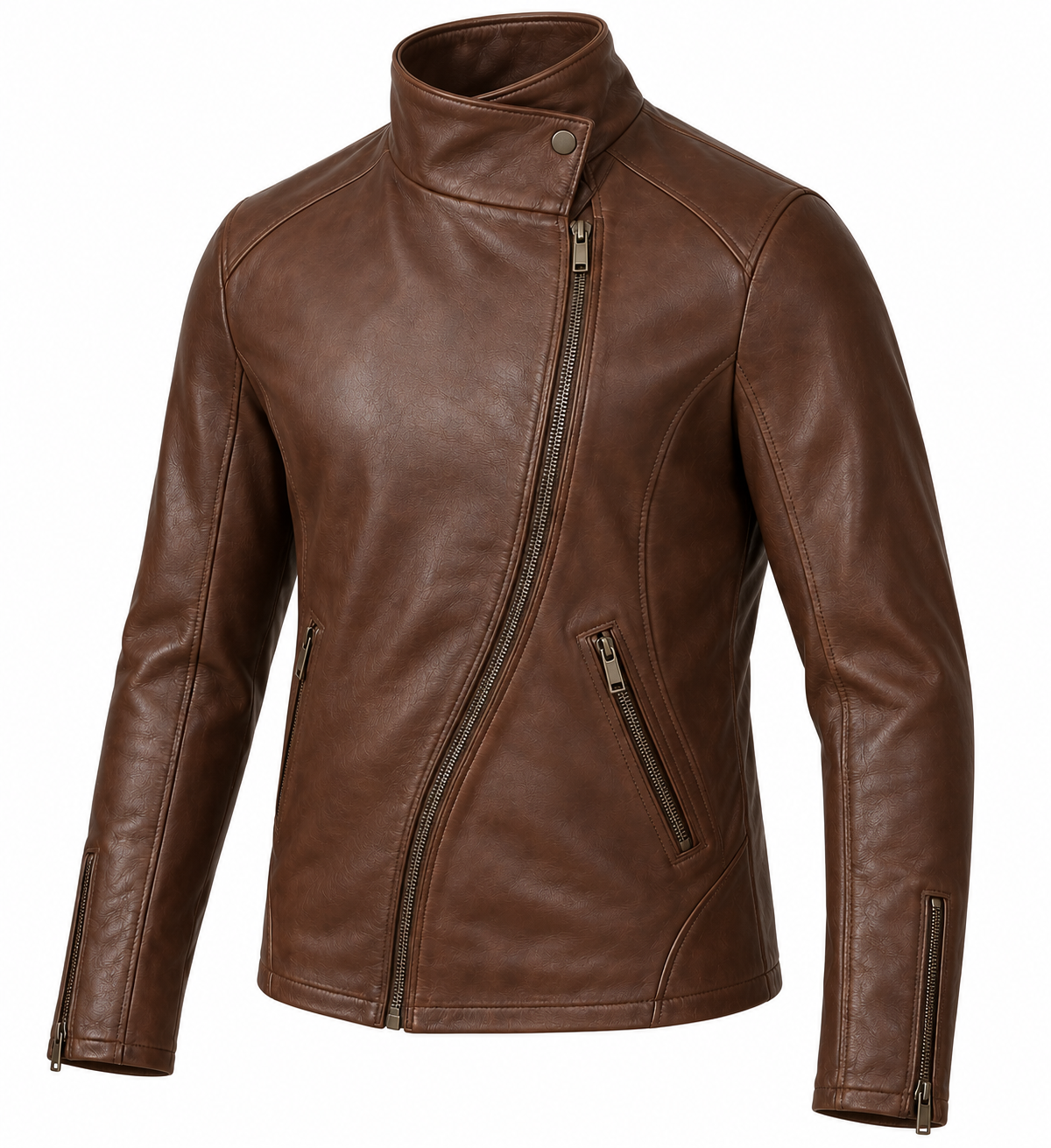 Men’s Brown Sheepskin Leather Curved-Zip Funnel Moto Jacket — J040