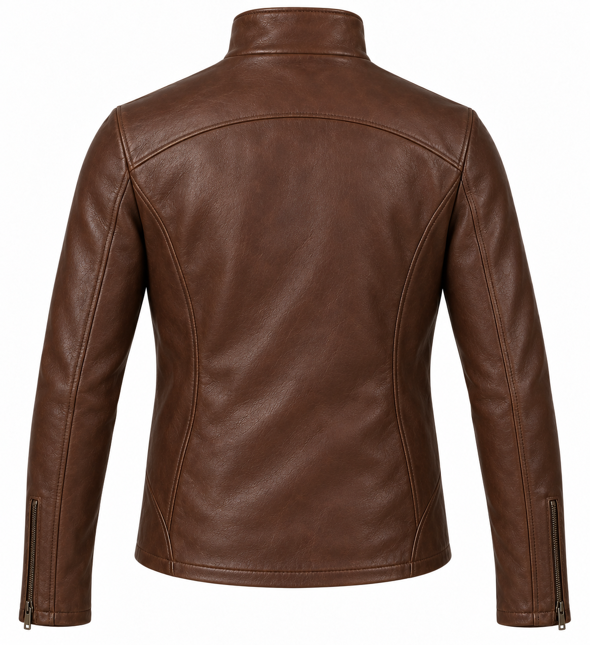 Men’s Brown Sheepskin Leather Curved-Zip Funnel Moto Jacket — J040