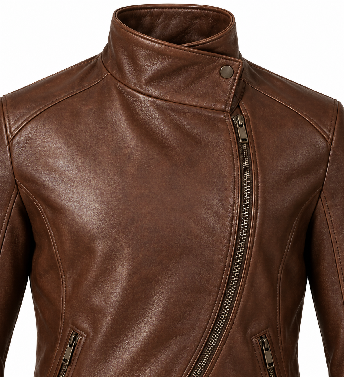 Men’s Brown Sheepskin Leather Curved-Zip Funnel Moto Jacket — J040