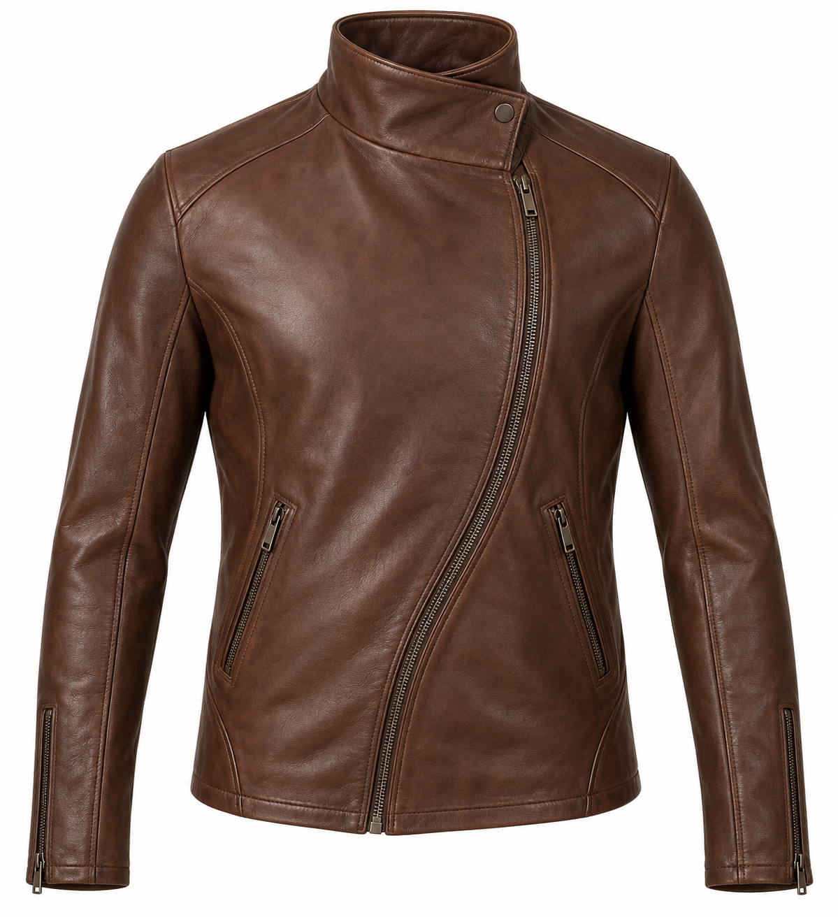 Men’s Brown Sheepskin Leather Curved-Zip Funnel Moto Jacket — J040