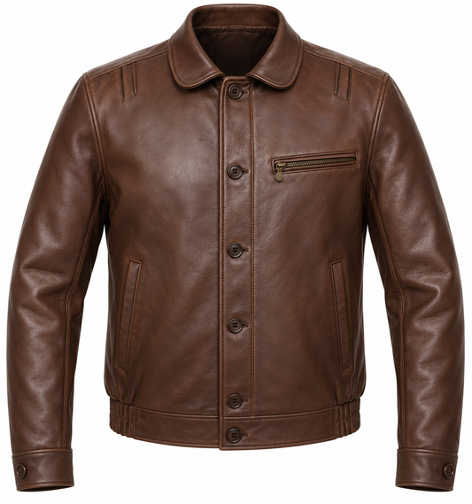 Men’s Brown Sheepskin Leather Club-Collar Button Blouson Jacket — J042