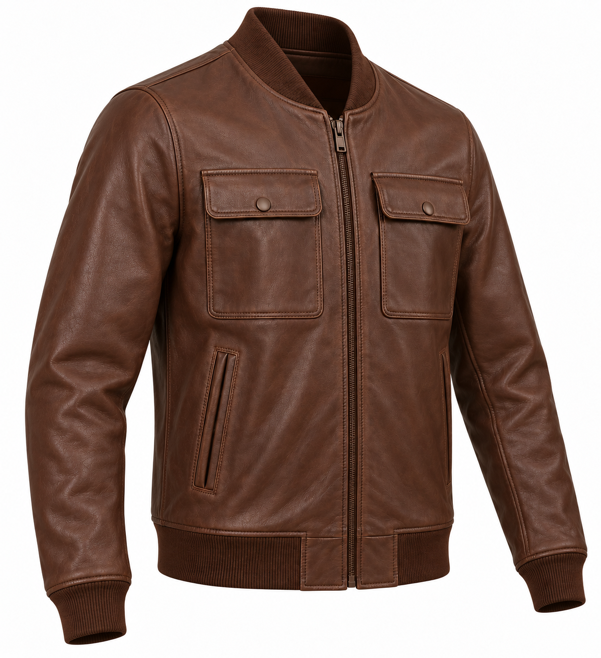 Men’s Brown Sheepskin Leather Chest-Pocket Knit Bomber Jacket — J043