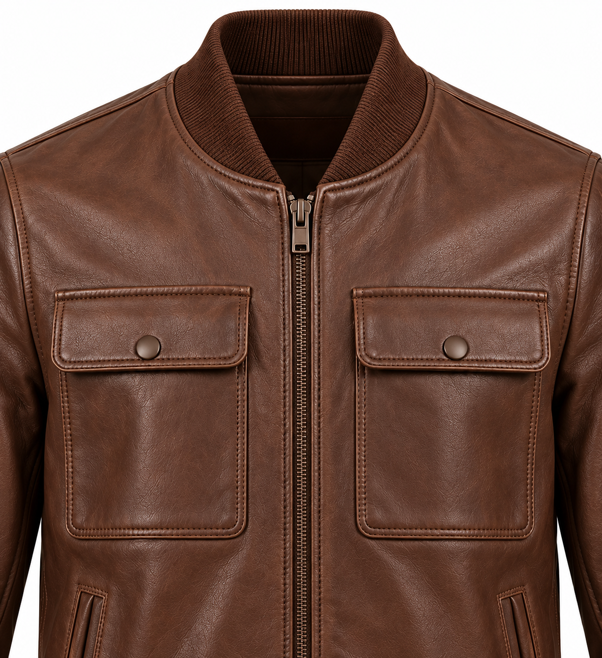 Men’s Brown Sheepskin Leather Chest-Pocket Knit Bomber Jacket — J043