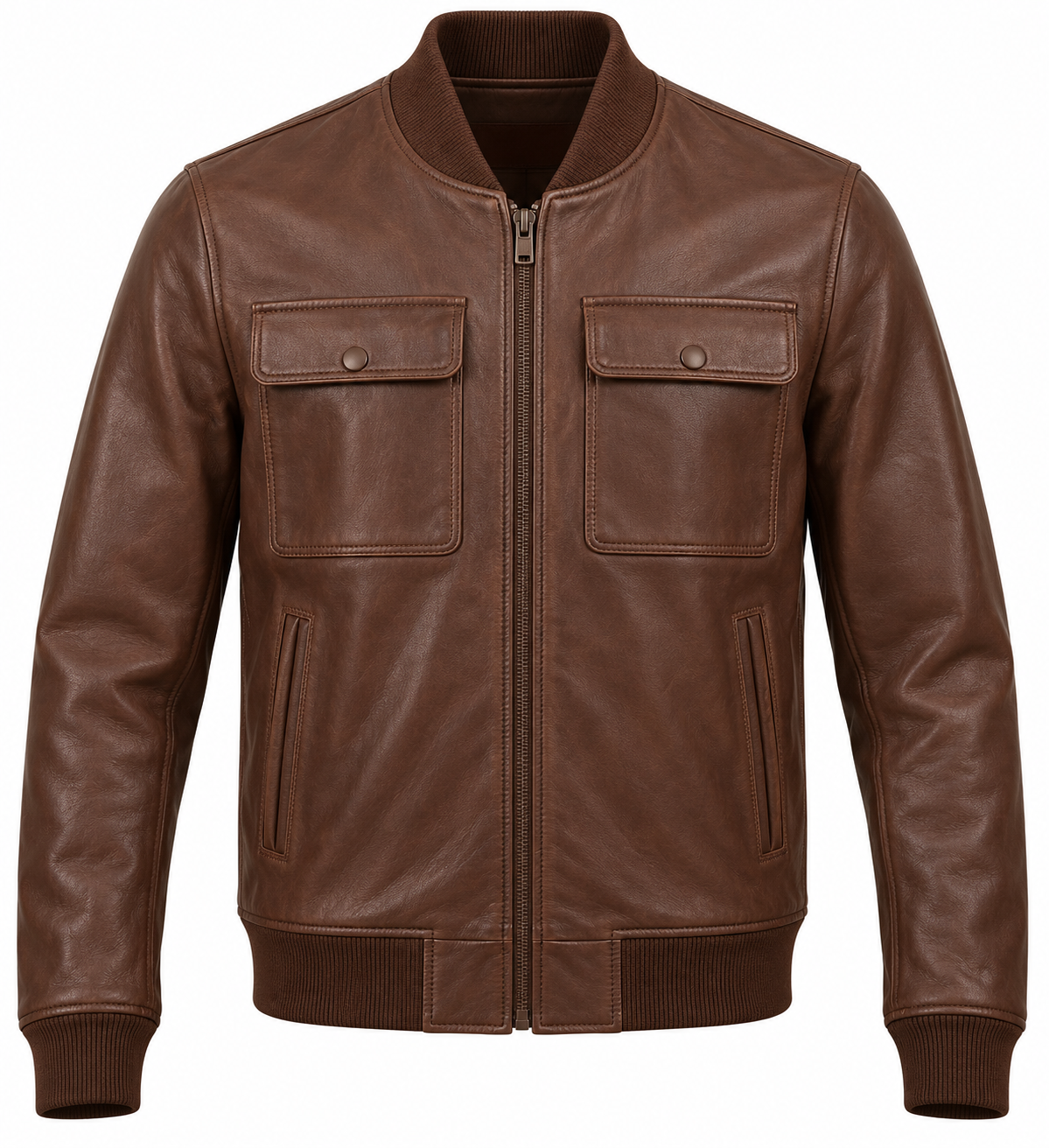 Men’s Brown Sheepskin Leather Chest-Pocket Knit Bomber Jacket — J043
