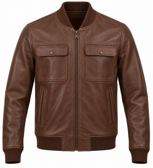 Men’s Brown Sheepskin Leather Chest-Pocket Knit Bomber Jacket — J043
