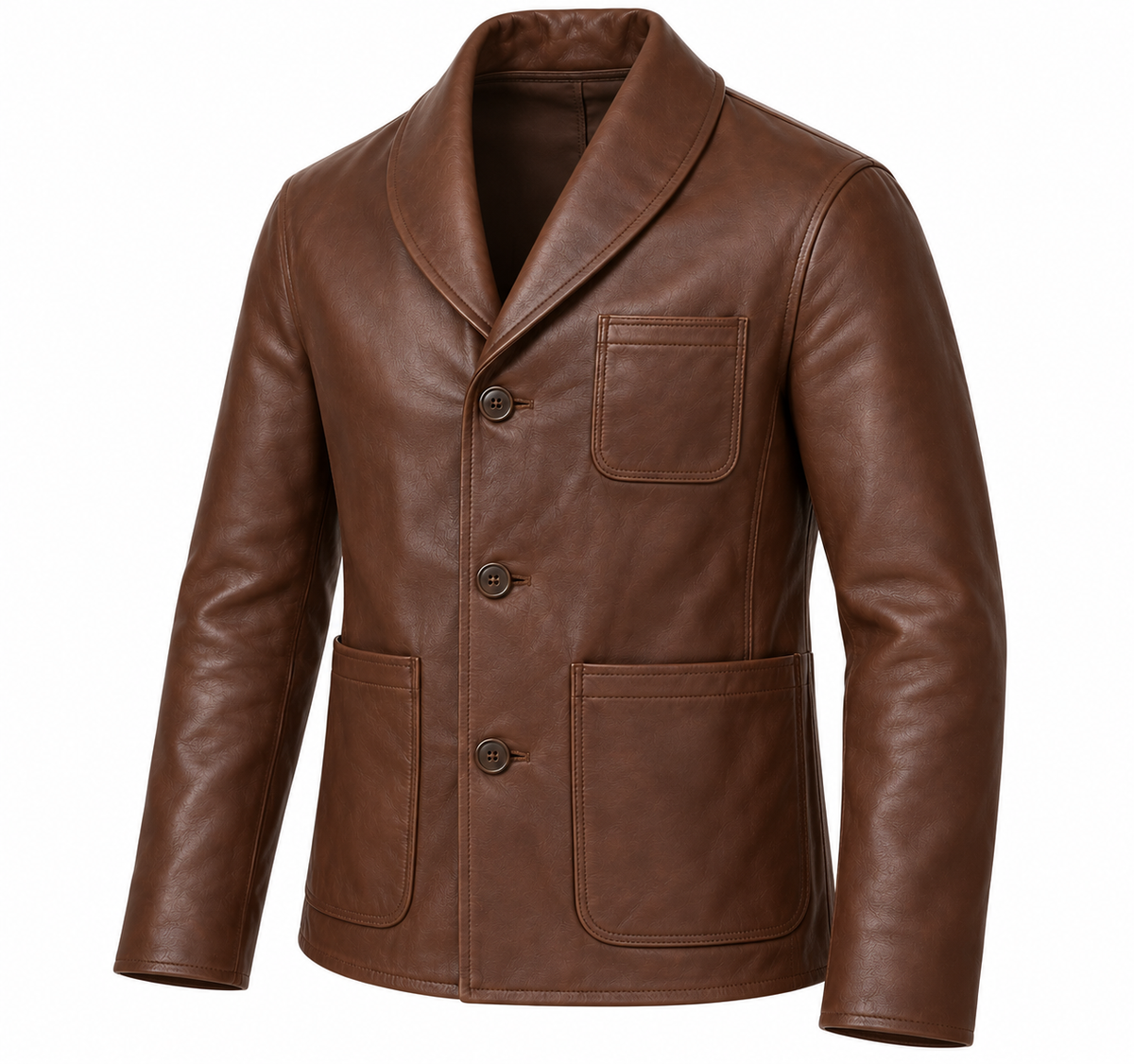 Men’s Brown Sheepskin Leather Shawl-Collar Button Jacket — J044