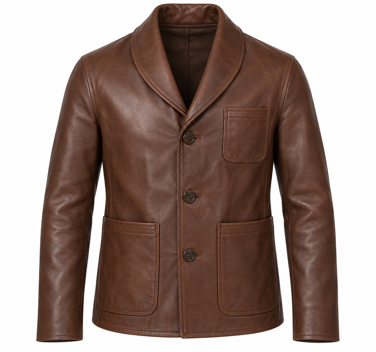 Men’s Brown Sheepskin Leather Shawl-Collar Button Jacket — J044