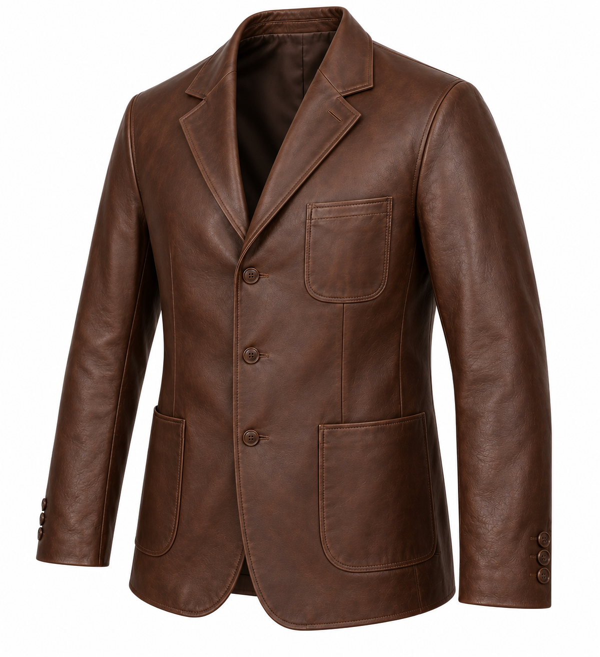 Men’s Brown Sheepskin Leather Three-Button Patch Blazer Jacket — J045