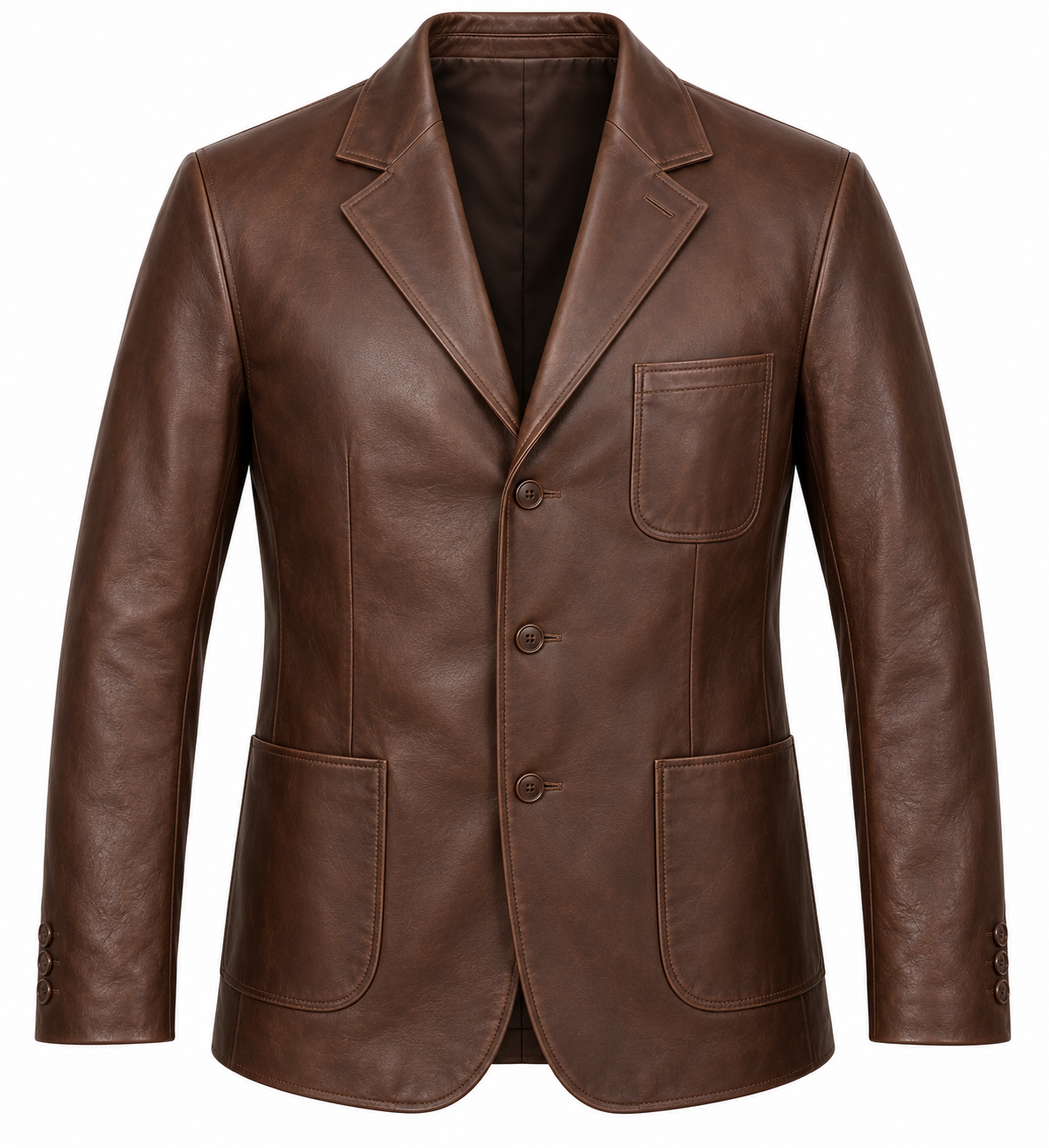 Men’s Brown Sheepskin Leather Three-Button Patch Blazer Jacket — J045