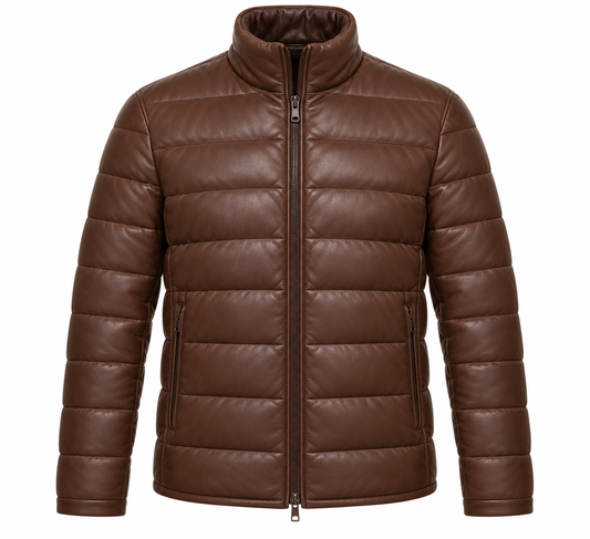 Men’s Brown Sheepskin Leather Horizontal-Quilted Puffer Jacket — J046