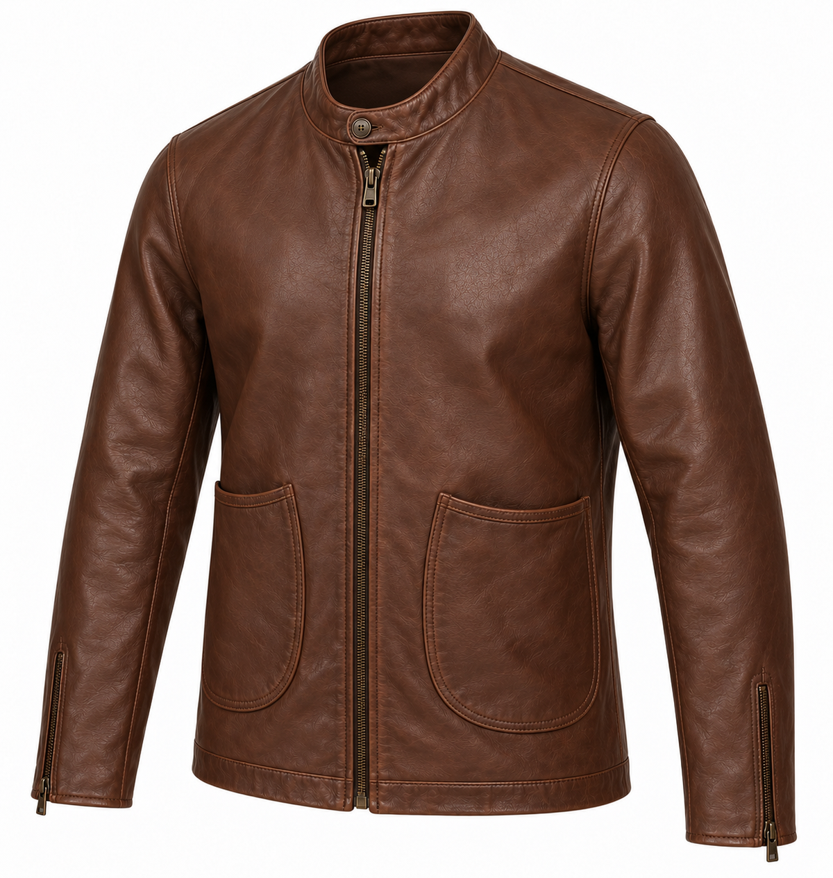 Men’s Brown Sheepskin Leather Button-Throat Zip Cardigan Jacket — J048