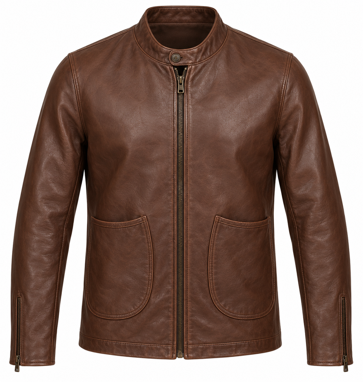 Men’s Brown Sheepskin Leather Button-Throat Zip Cardigan Jacket — J048
