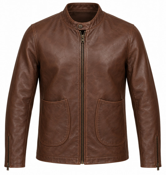 Men’s Brown Sheepskin Leather Button-Throat Zip Cardigan Jacket — J048