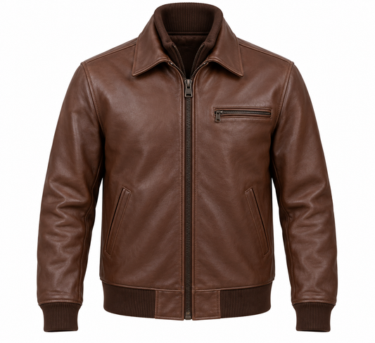 Men’s Brown Sheepskin Leather Double-Collar Zip Jacket — J049