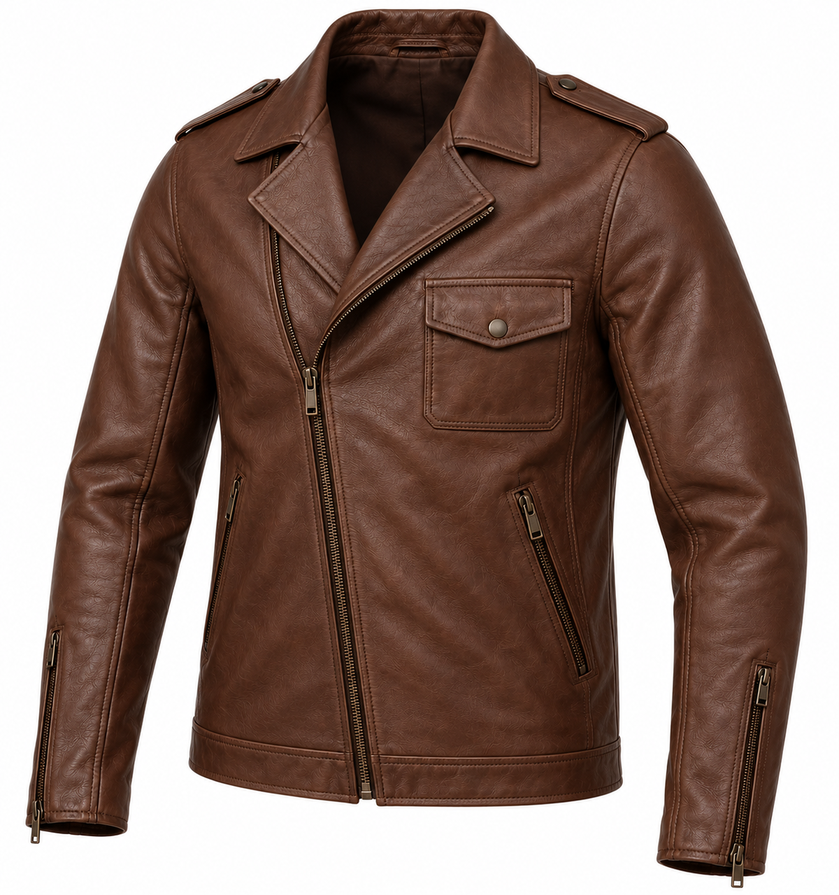 Men’s Brown Sheepskin Leather Asymmetric Flap-Pocket Rider Jacket — J050