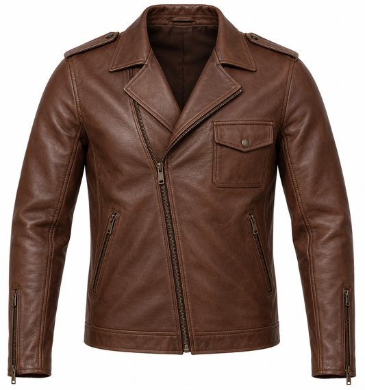 Men’s Brown Sheepskin Leather Asymmetric Flap-Pocket Rider Jacket — J050