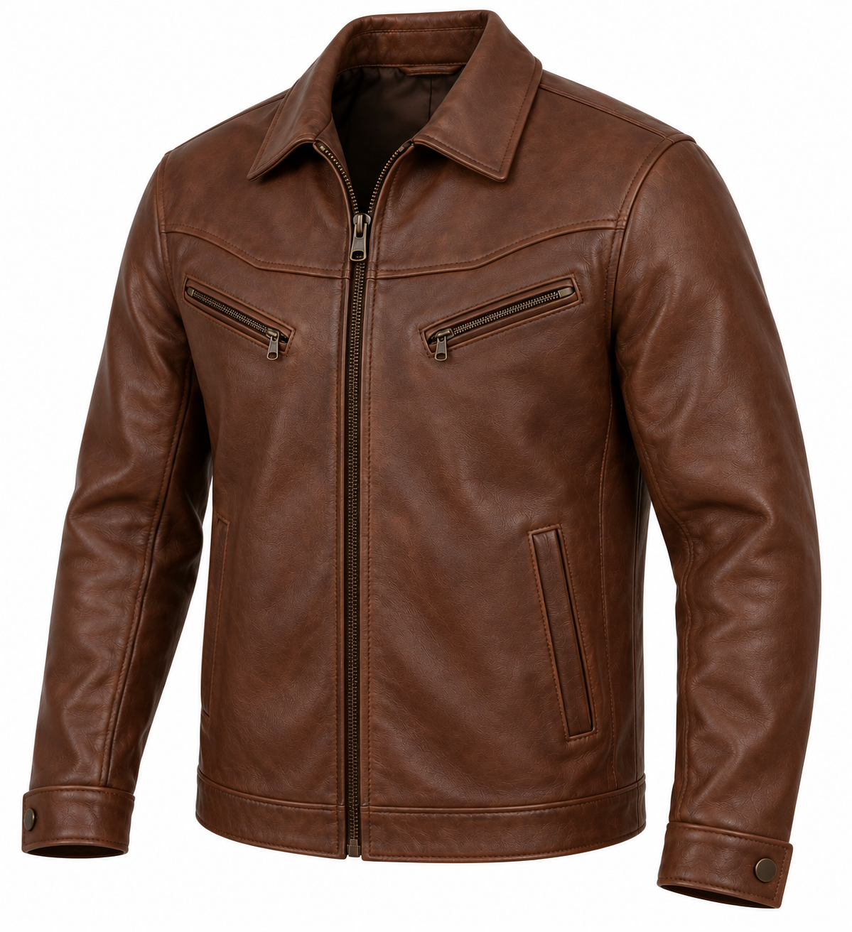 Men’s Brown Sheepskin Leather Saddle-Yoke Zip Jacket — J051