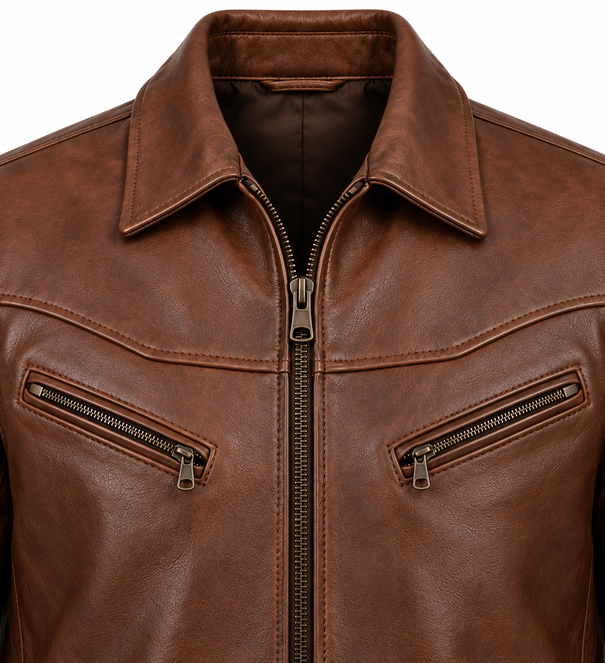 Men’s Brown Sheepskin Leather Saddle-Yoke Zip Jacket — J051