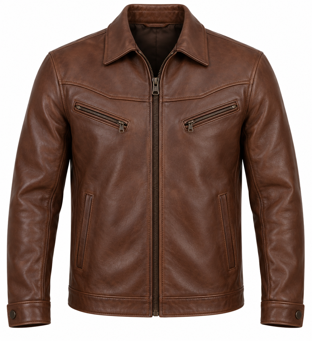 Men’s Brown Sheepskin Leather Saddle-Yoke Zip Jacket — J051
