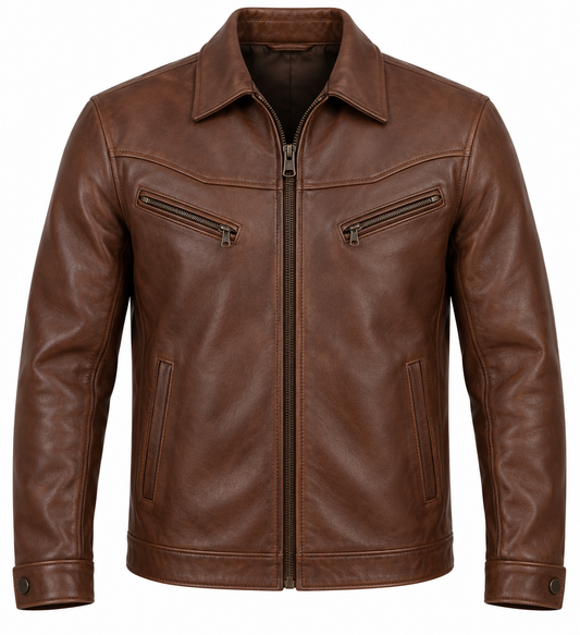 Men’s Brown Sheepskin Leather Saddle-Yoke Zip Jacket — J051
