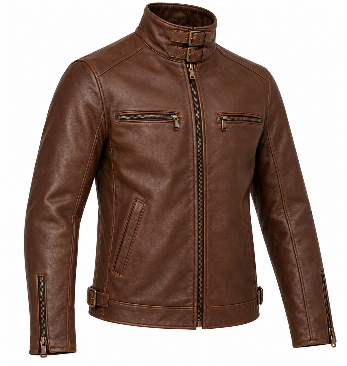 Men’s Brown Sheepskin Leather Double-Buckle Stand Rider Jacket — J052