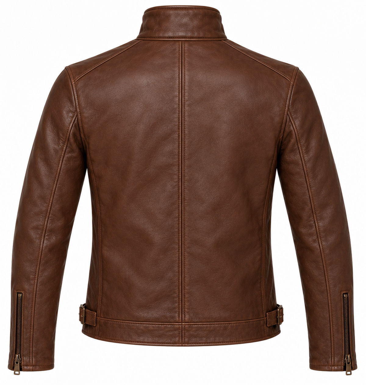Men’s Brown Sheepskin Leather Double-Buckle Stand Rider Jacket — J052