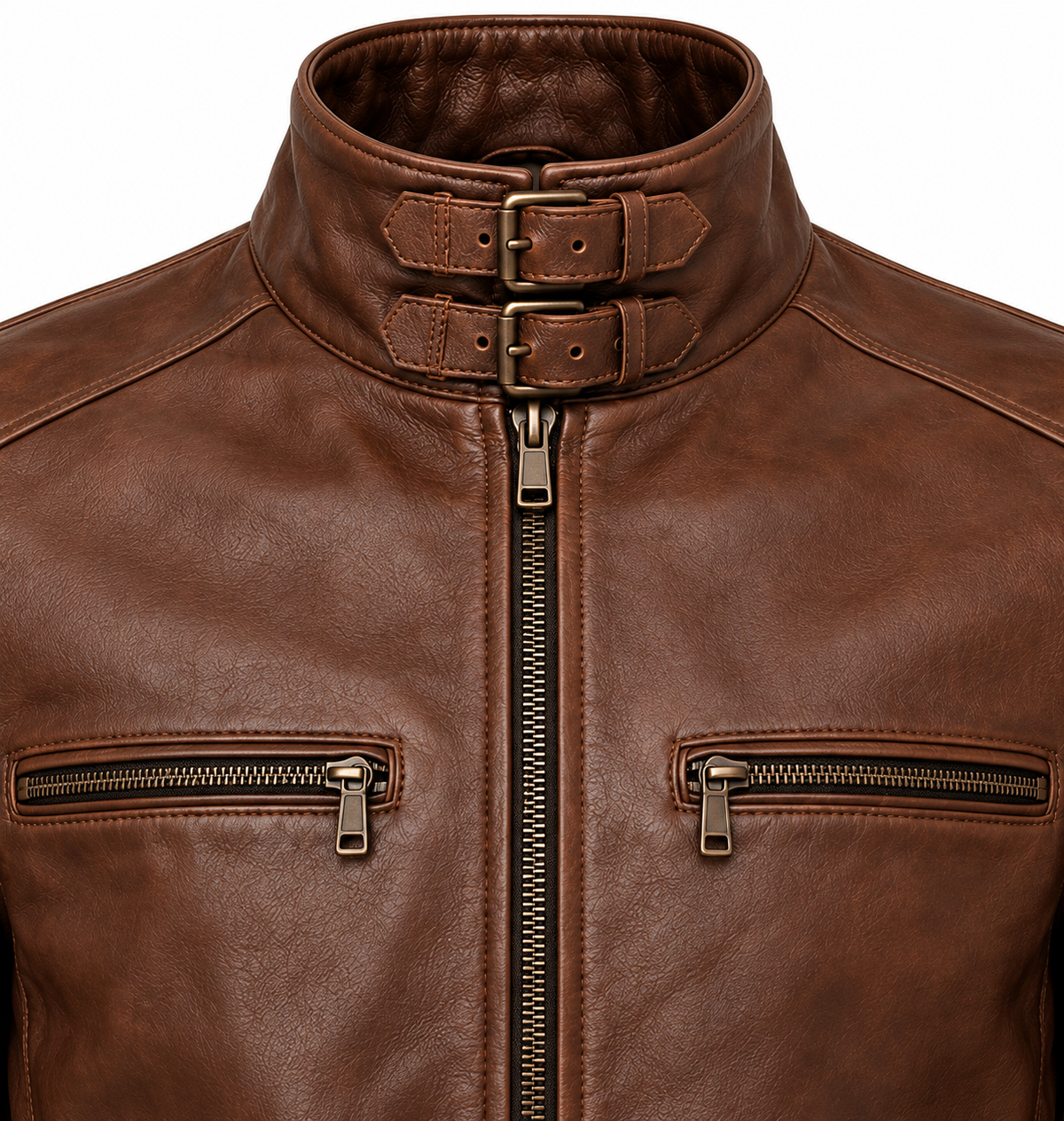 Men’s Brown Sheepskin Leather Double-Buckle Stand Rider Jacket — J052