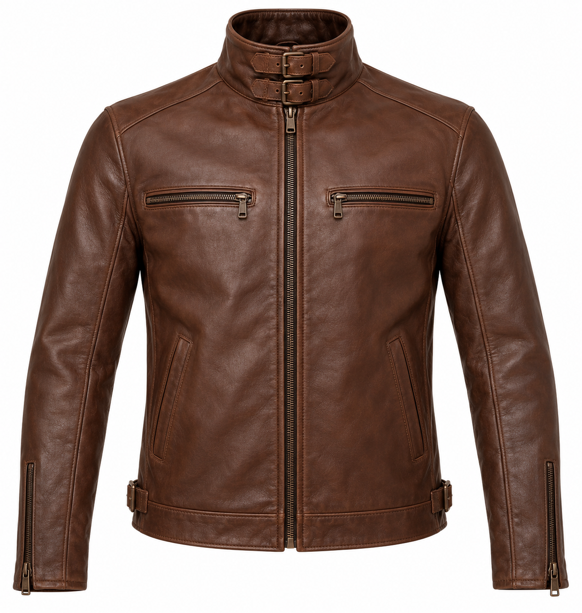 Men’s Brown Sheepskin Leather Double-Buckle Stand Rider Jacket — J052