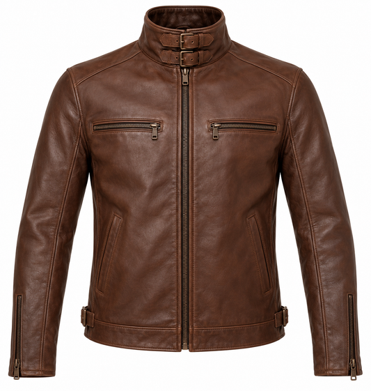 Men’s Brown Sheepskin Leather Double-Buckle Stand Rider Jacket — J052