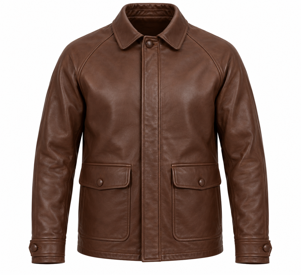 Men’s Brown Sheepskin Leather Raglan Button Car Jacket — J053