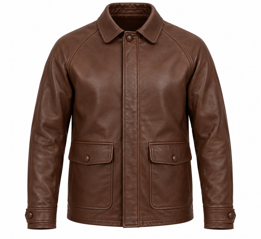 Men’s Brown Sheepskin Leather Raglan Button Car Jacket — J053