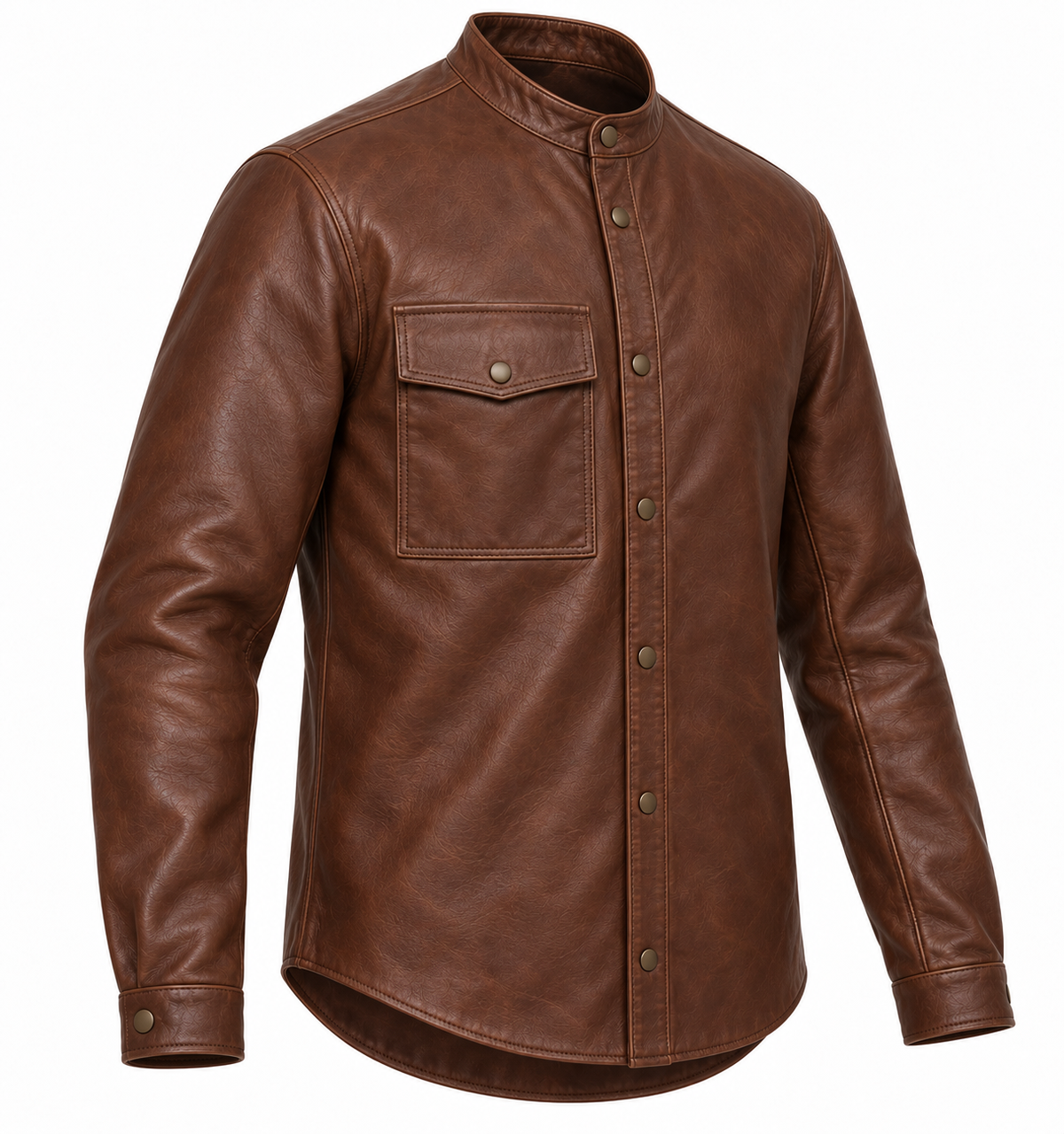 Men’s Brown Sheepskin Leather Single-Pocket Leather Overshirt Jacket — J054