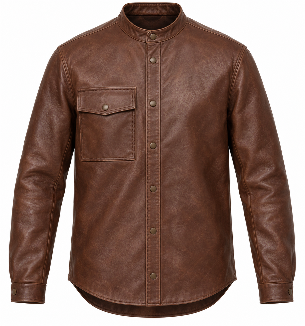 Men’s Brown Sheepskin Leather Single-Pocket Leather Overshirt Jacket — J054
