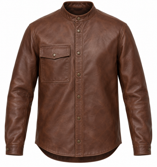 Men’s Brown Sheepskin Leather Single-Pocket Leather Overshirt Jacket — J054
