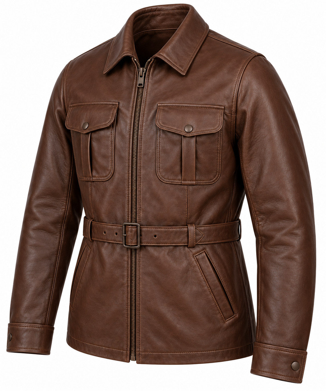 Men’s Brown Sheepskin Leather Waist-Belt Safari Blouson Jacket — J055
