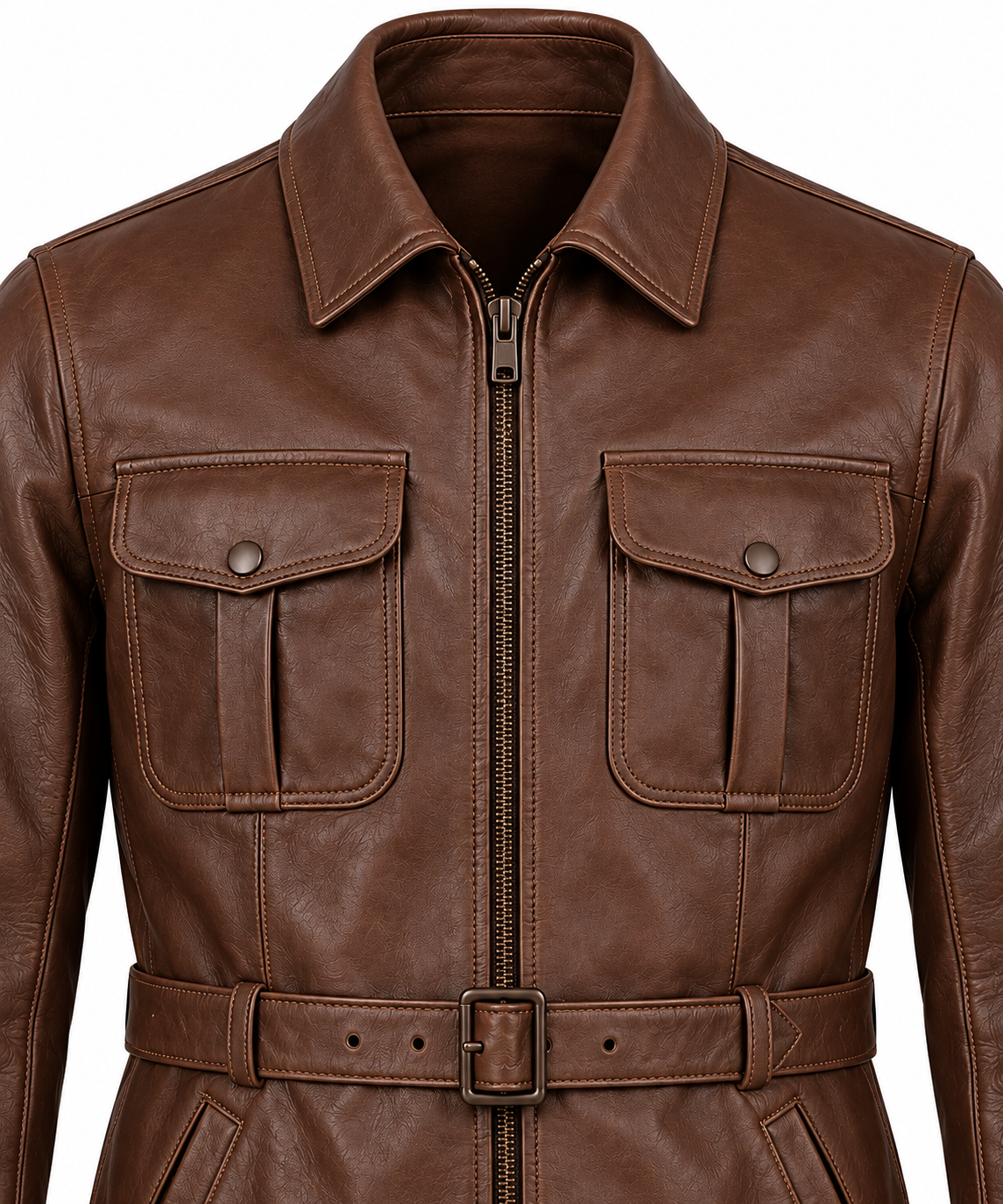 Men’s Brown Sheepskin Leather Waist-Belt Safari Blouson Jacket — J055