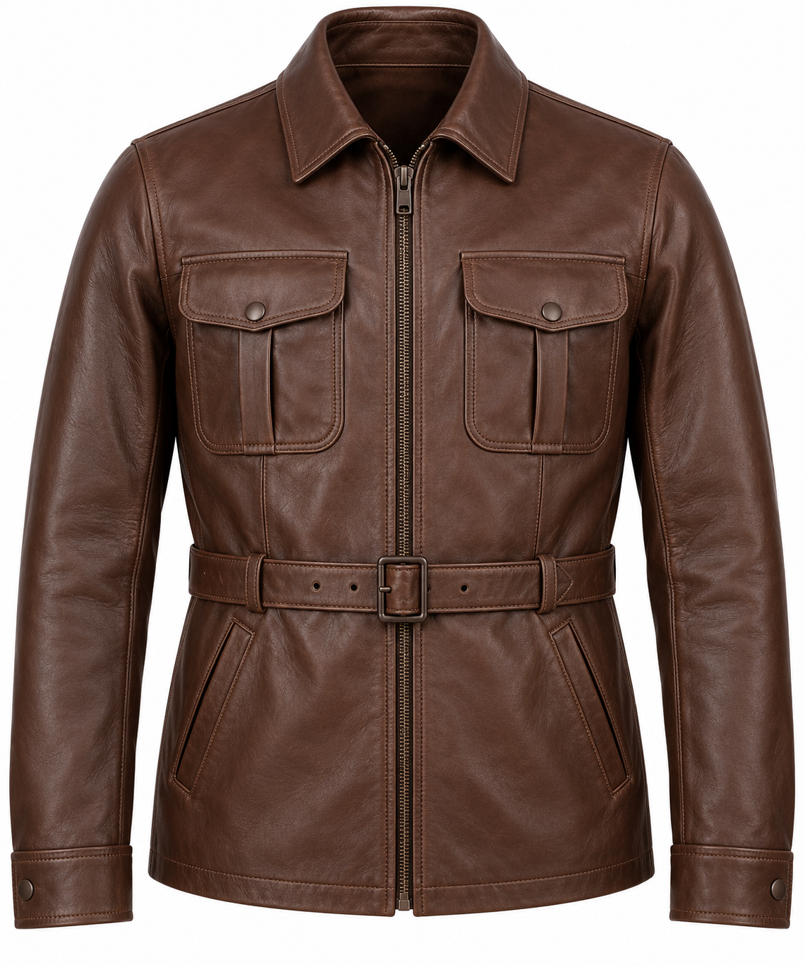 Men’s Brown Sheepskin Leather Waist-Belt Safari Blouson Jacket — J055