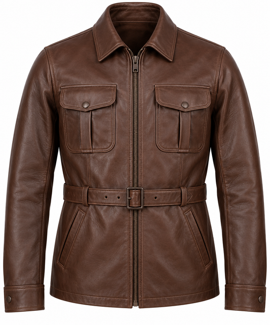 Men’s Brown Sheepskin Leather Waist-Belt Safari Blouson Jacket — J055