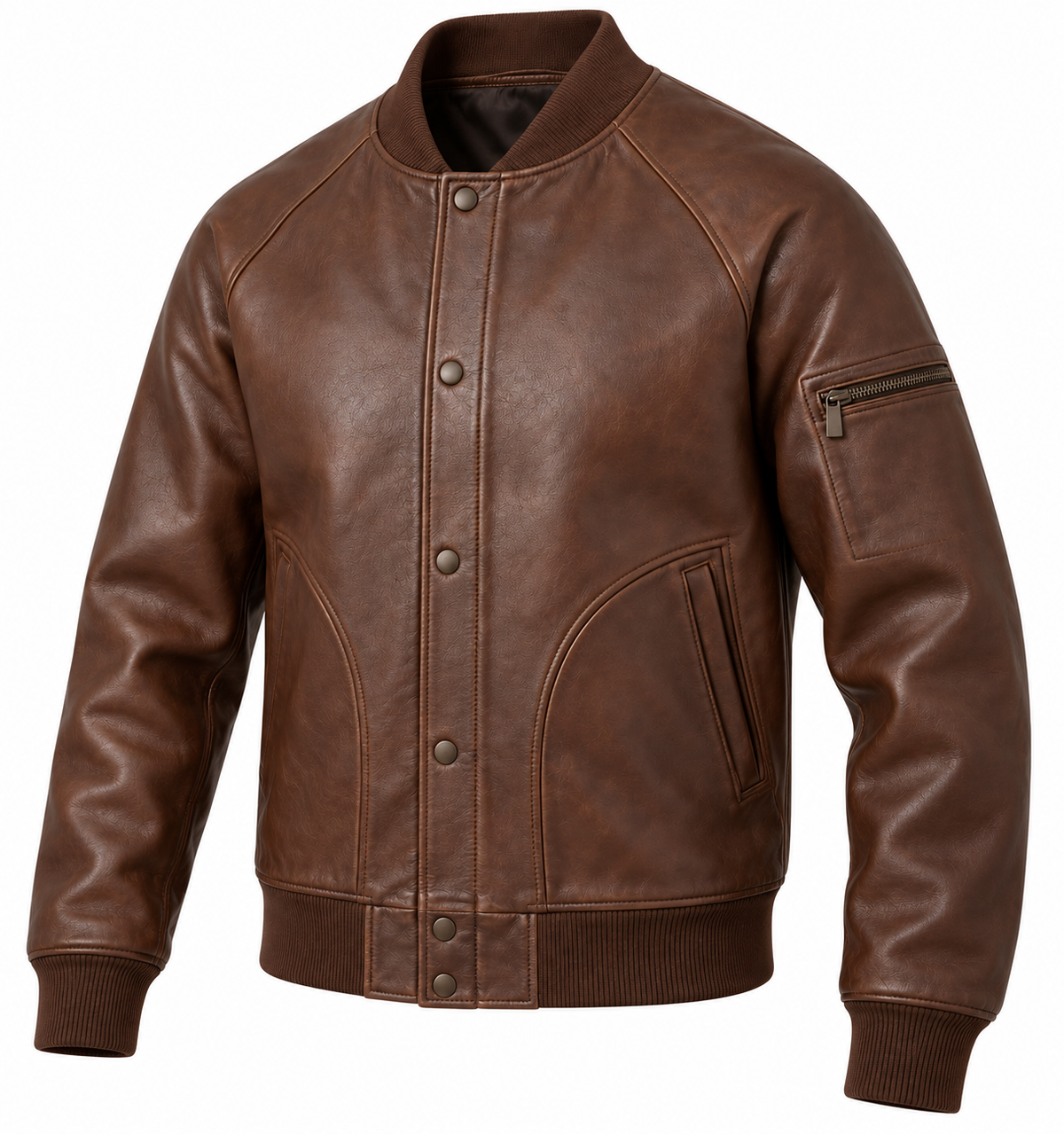 Men’s Brown Sheepskin Leather Curved-Welt Baseball Jacket — J056