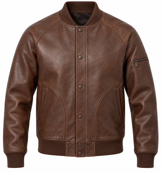 Men’s Brown Sheepskin Leather Curved-Welt Baseball Jacket — J056