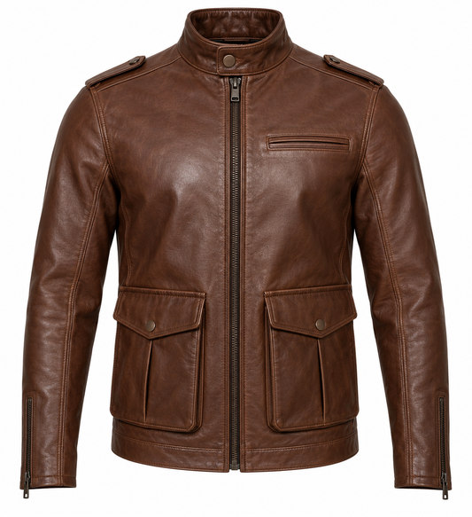 Men’s Brown Sheepskin Leather Shoulder-Strap Utility Jacket — J057