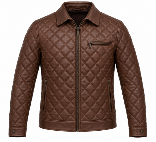 Men’s Brown Sheepskin Leather Cross-Quilt Moto Jacket — J058
