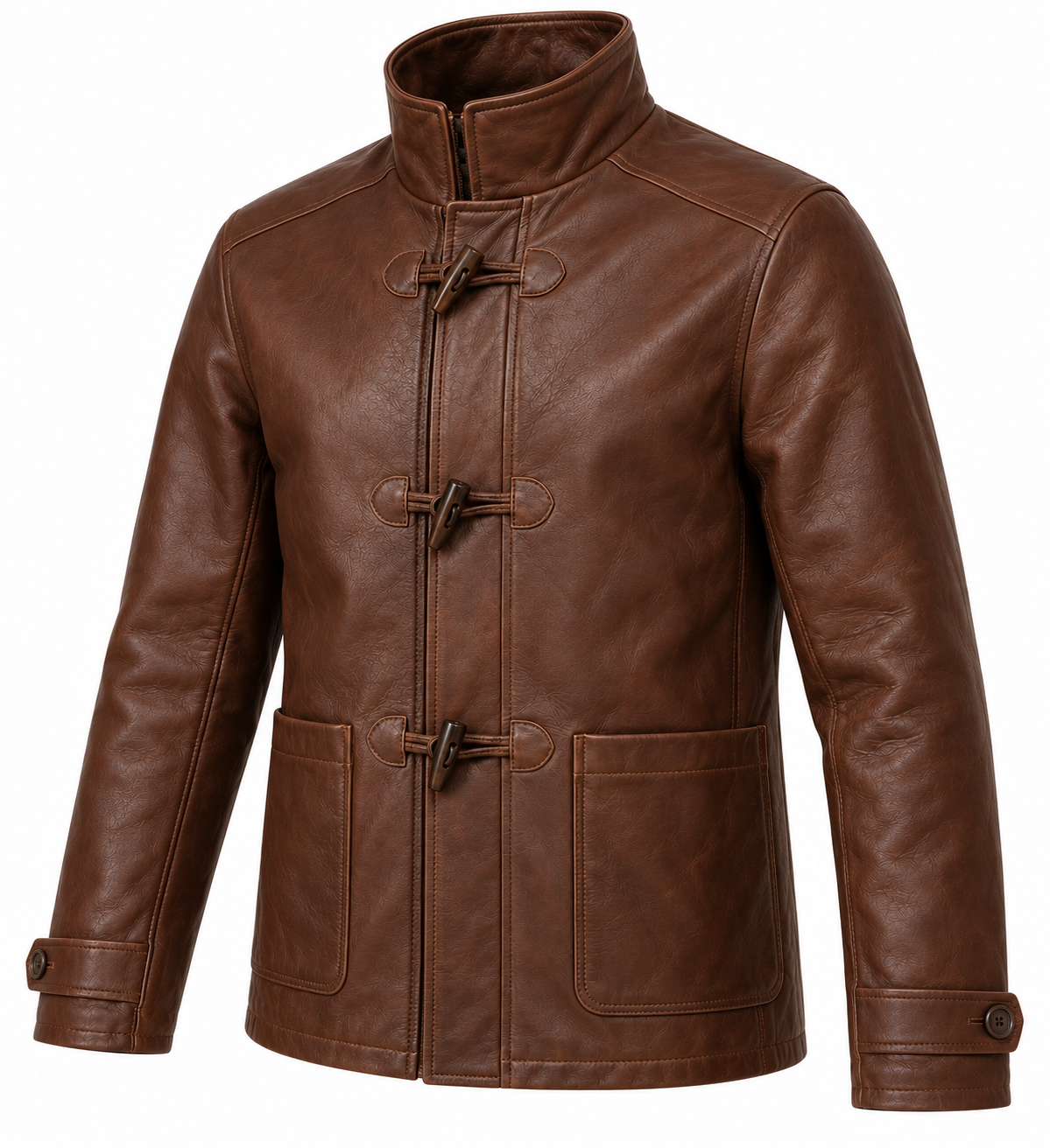 Men’s Brown Sheepskin Leather Funnel-Neck Toggle Jacket — J059
