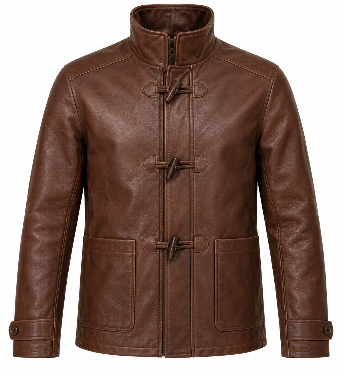 Men’s Brown Sheepskin Leather Funnel-Neck Toggle Jacket — J059