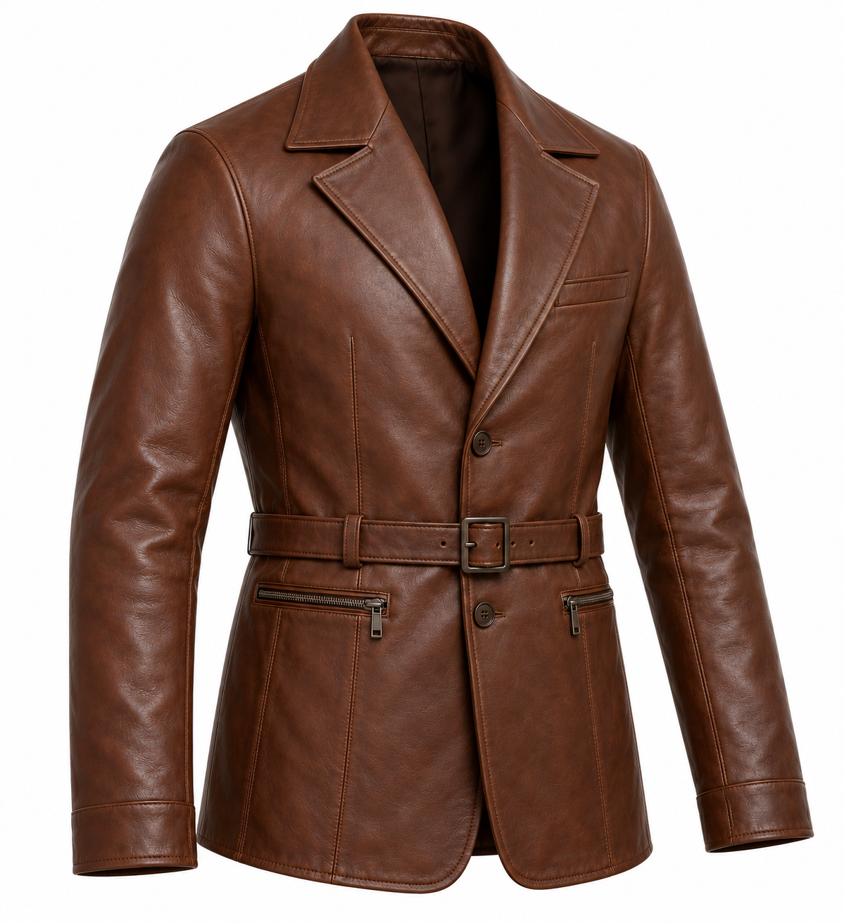Men’s Brown Sheepskin Leather Zip-Pocket Belted Blazer Jacket — J060