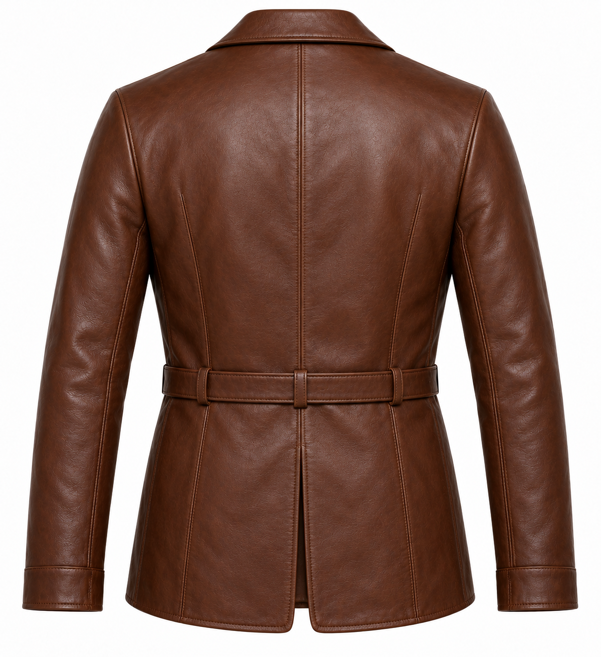 Men’s Brown Sheepskin Leather Zip-Pocket Belted Blazer Jacket — J060